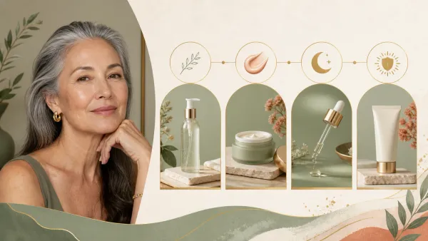 Menopausal skincare routine with cleanser cream night treatment and sunscreen