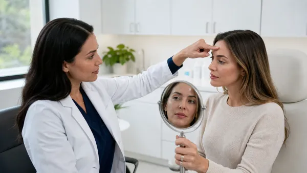 Dermatologist assessing an adult patient's forehead movement during a preventative Botox consultation