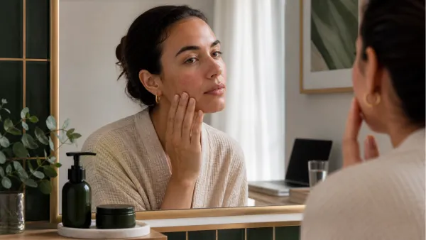 Adult checking a mildly irritated cheek beside a simple skincare routine