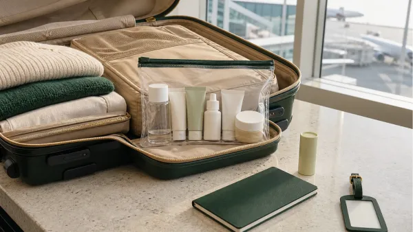 Clear airport liquids bag containing unbranded travel-size skincare