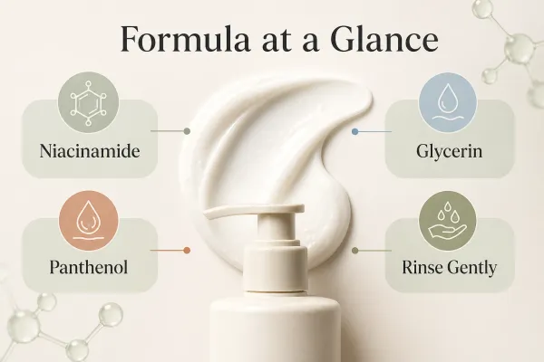 Cetaphil Gentle Skin Cleanser formula guide highlighting niacinamide, panthenol and glycerin