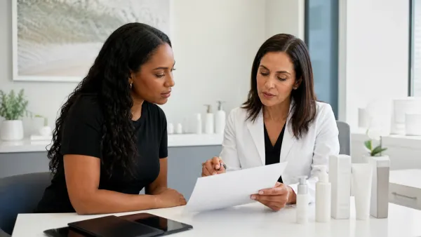 Dermatologist reviewing a chemical peel preparation plan with an adult patient