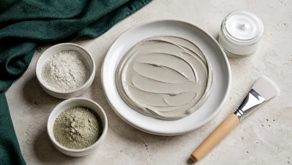 Thin application of a professional clay mask beside kaolin and bentonite ingredient labels