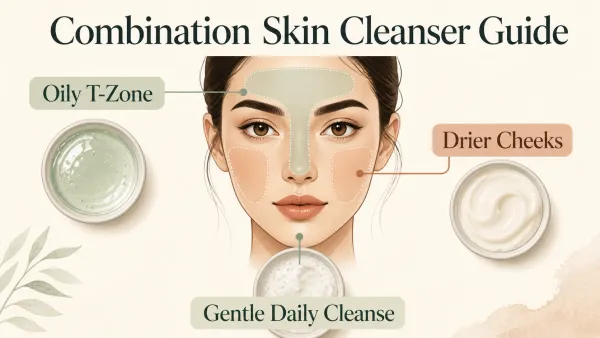 Combination skin cleanser guide showing an oily T-zone and drier cheeks