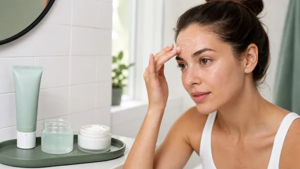 Woman applying lightweight gel to the forehead beside moisturizer for a combination-skin routine