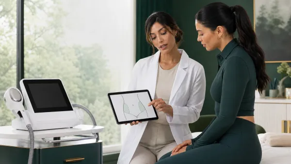 Medical professional mapping a localized abdominal fat bulge before prescription cryolipolysis