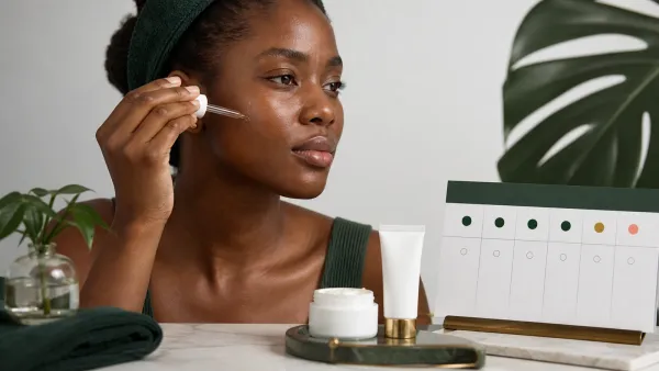 Woman with darker skin applying one gentle exfoliating treatment beside moisturizer and sunscreen