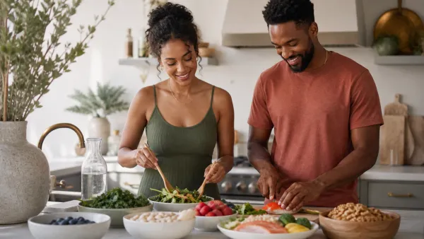 Adults with melanin-rich skin preparing a balanced meal