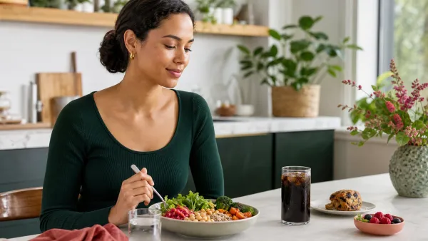 Adult choosing a balanced meal with a sugary drink and dessert visible as optional foods nearby