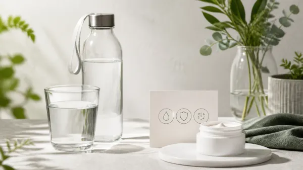 Balanced daily hydration beside a simple evidence-based skincare routine