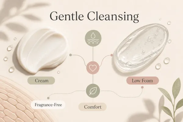 Gentle cleanser selection guide showing cream, low-foam and fragrance-free choices