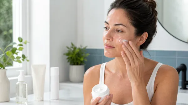 Woman applying moisturizer beside gentle cleanser, hydrating serum and cream for a dry-skin routine