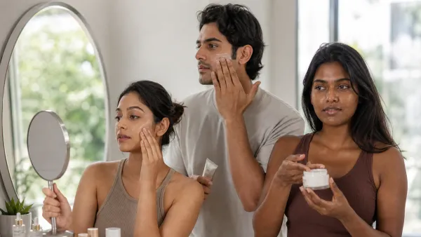 Three Indian adults with different skin tones applying simple skincare at a bright vanity