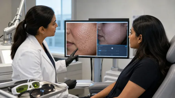Laser dermatologist reviewing acne scar patterns and fractional treatment mapping with an adult patient