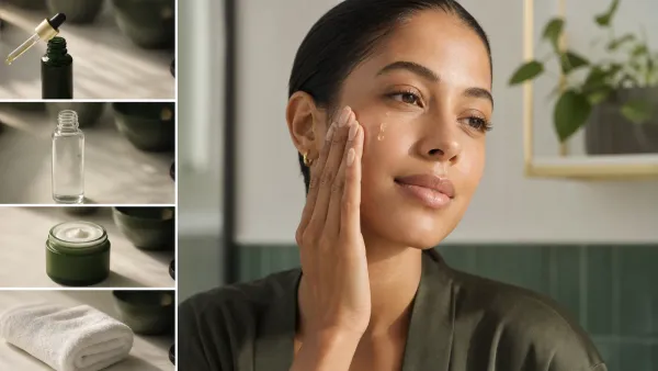 Simple face oil layered after moisturizer in a clean nighttime skincare routine