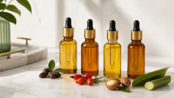 Four unbranded facial oil bottles with jojoba, rosehip, argan and sugarcane ingredients in bright editorial light