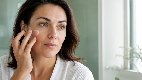 Woman with natural skin texture applying moisturizer to fine lines on her cheek