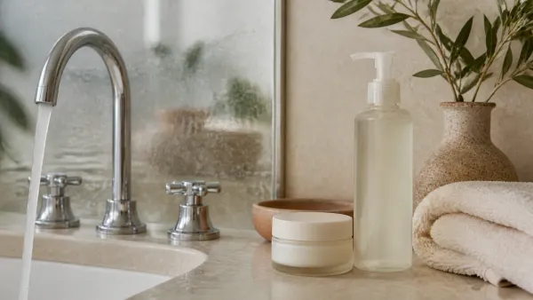 Hard water and gentle skincare on a calm bathroom counter