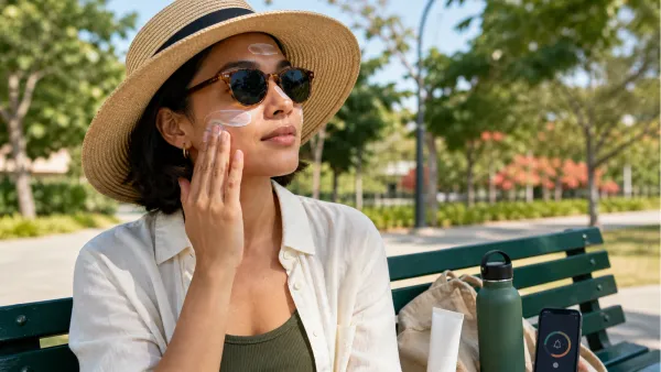 Adult reapplying sunscreen outdoors beside a hat and timer