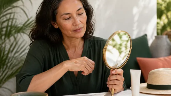 Adult examining a stable brown spot on the back of her hand beside sunscreen and a sun hat