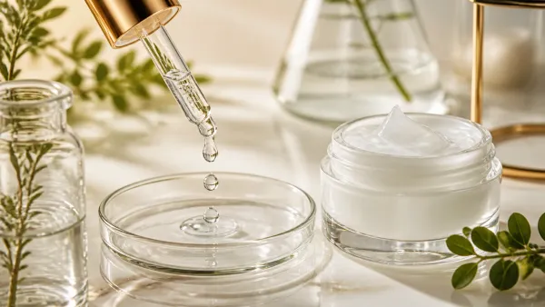 Clear hyaluronic acid serum drop beside an unbranded moisturizer jar