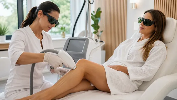 Qualified professional performing laser hair removal with controlled cooling and eye protection