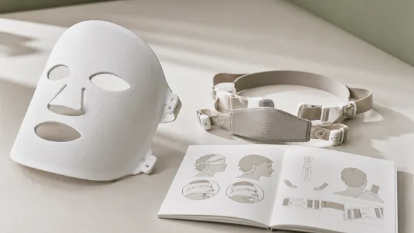 Generic flexible mask beside adjustable straps and an illustrative booklet