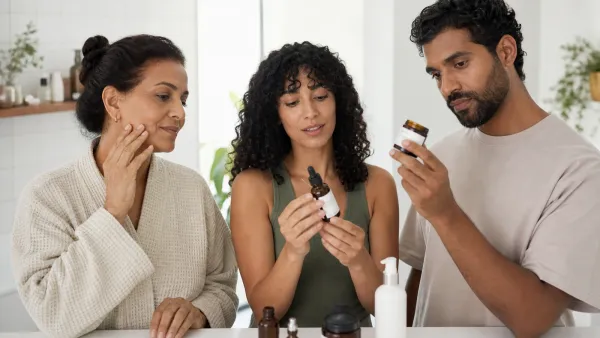 Middle Eastern adults with varied skin tones comparing simple skincare products