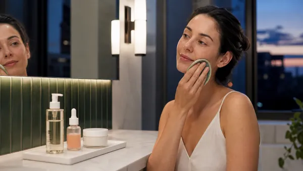 Woman removing makeup at night beside cleanser, serum and moisturizer in correct routine order