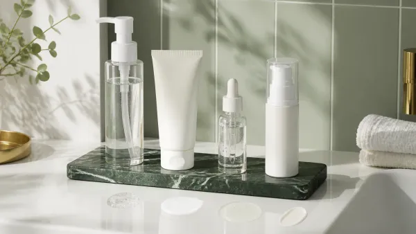 Unbranded cleanser, treatment dropper, moisturizer and sunscreen arranged on a green tray in routine order