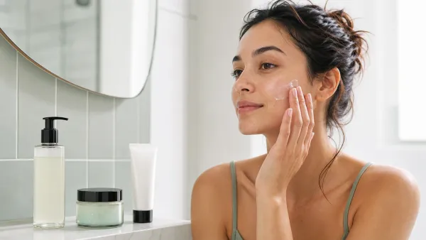 Woman applying lightweight gel moisturizer beside cleanser, moisturizer and sunscreen for an oily-skin routine