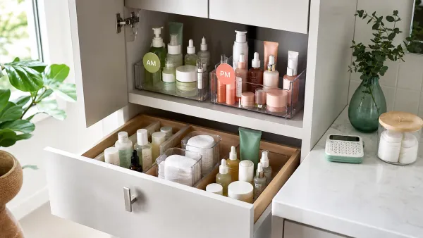 Organized bathroom cabinet and drawer with clearly separated morning and evening skincare zones