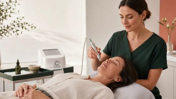 Professional performing a gentle oxygen facial while reviewing the serum and treatment steps