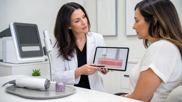 Dermatologist explaining radiofrequency treatment depths and applicators to an adult patient