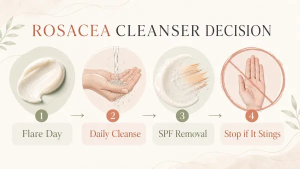 Rosacea cleanser decision guide for flare days, daily cleansing and sunscreen removal