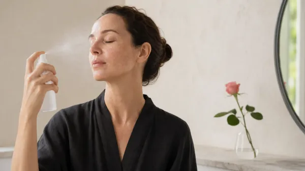 Woman using an unbranded rosewater facial mist beside a single rose
