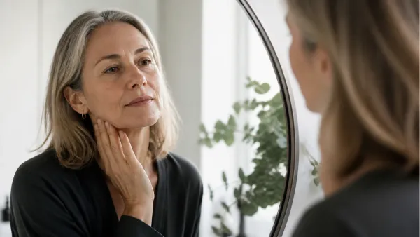 Mature woman examining her jawline in a mirror with realistic natural skin texture