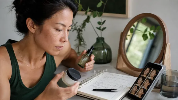 Woman comparing skincare progress photos and tracking a consistent routine