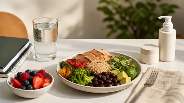 Balanced teenage meal and simple acne skincare routine reviewed together without restrictive dieting