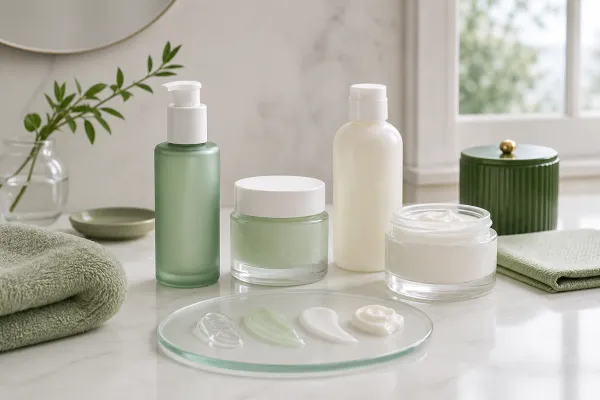 Unbranded teen-friendly gel, lotion and cream moisturizers on a bright bathroom vanity