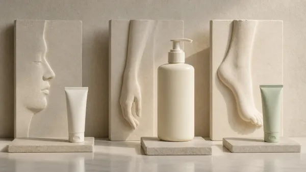 Unbranded skincare containers beside sculptural face, arm and foot motifs
