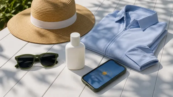 Sun hat, long-sleeve shirt, sunglasses, sunscreen and phone showing the UV Index