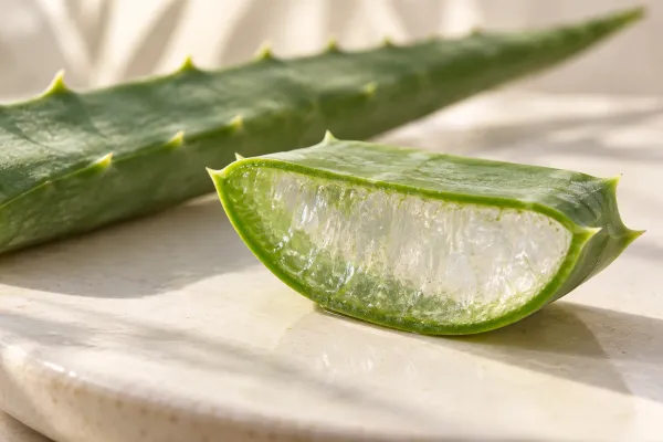 Cut aloe vera leaf showing translucent inner gel within the green rind