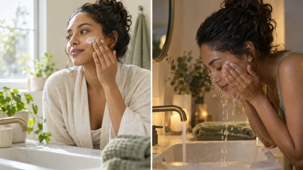 Morning sunscreen application and gentle evening cleansing illustrated as two daily skincare tasks