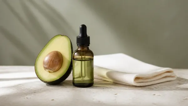 Halved avocado with skincare products and a woman.