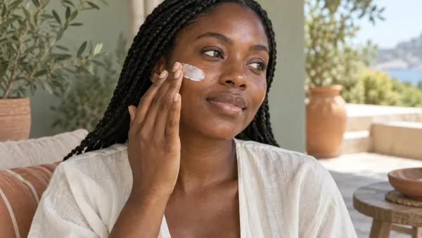 Woman with deep brown skin applying sunscreen while sitting in open shade
