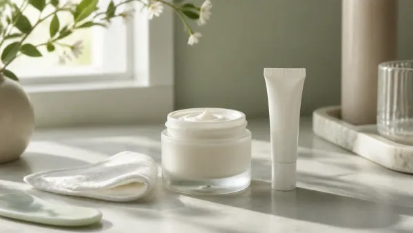Unbranded face moisturizer jar and eye cream tube on a softly lit vanity
