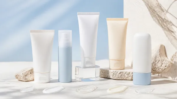 Five unbranded sunscreen tubes with lotion textures on a bright editorial set