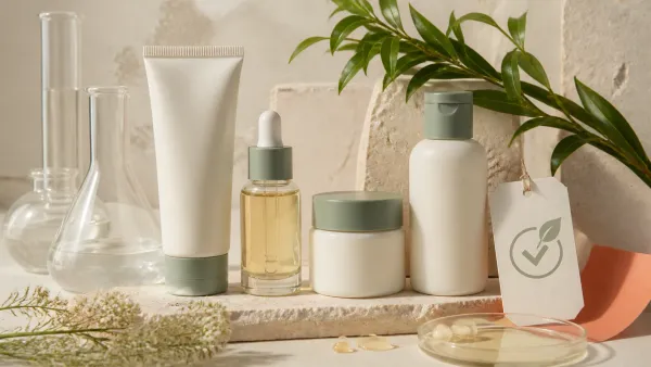 Vegan skincare products and botanical textures in a calm editorial setting