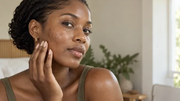 Adult with deep brown skin examining subtle post-acne dark spots on the cheek in soft daylight